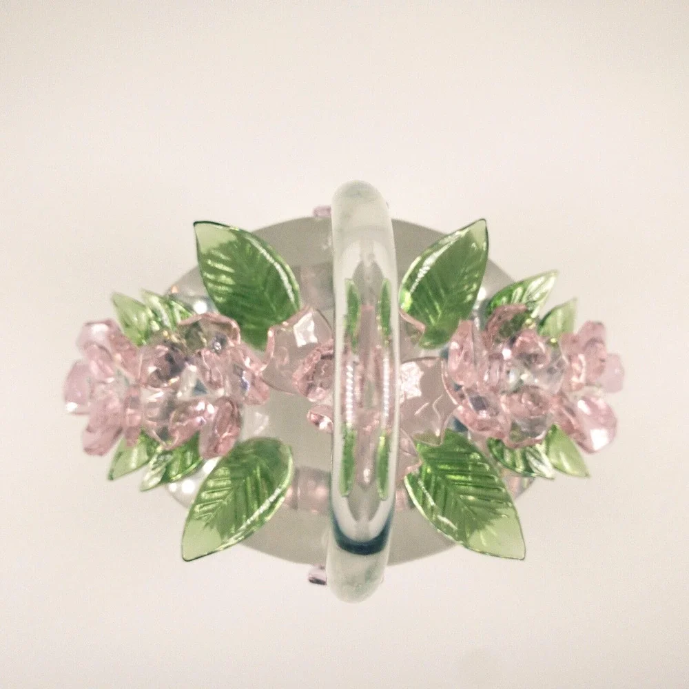 Sorelle Crystal Spring Basket of Flowers Pink Petals Green Leaves Bow 5 in Tall